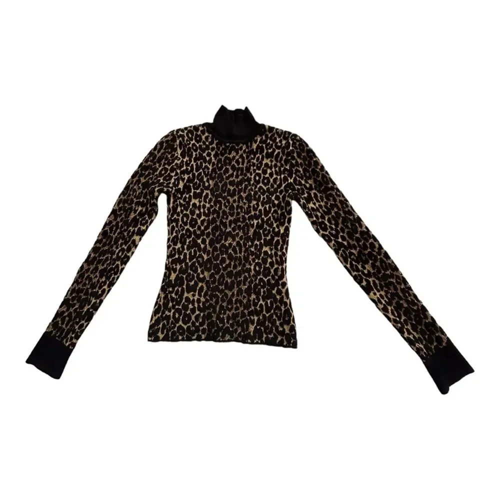 Ronny Kobo Dahlia Leopard Animal Turtleneck Pullover Sweater X-Small